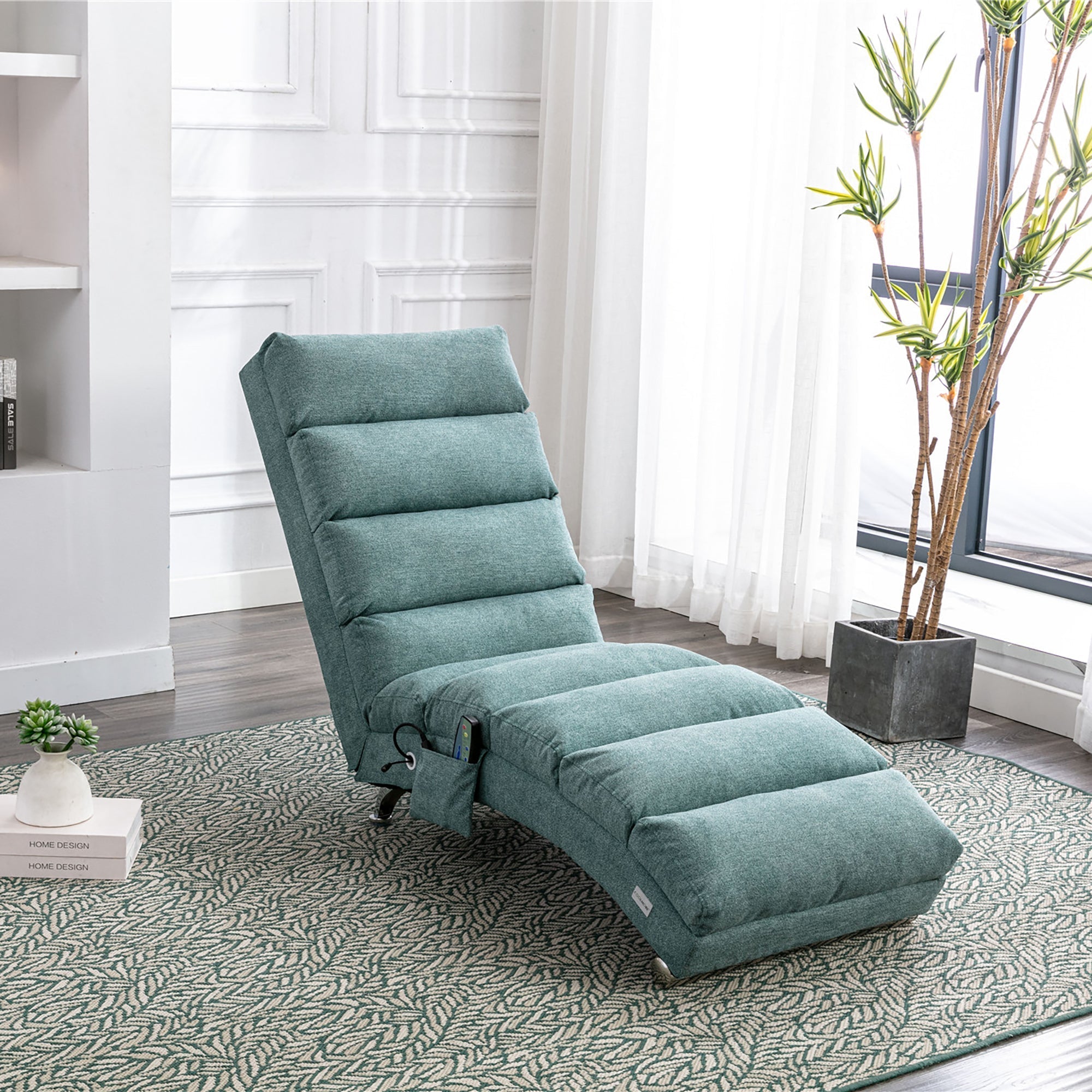 Ergonomic Electric Massage Chaise Lounge with Remote Control, Teal Linen Upholstery (W39539623) - Direct Wicker