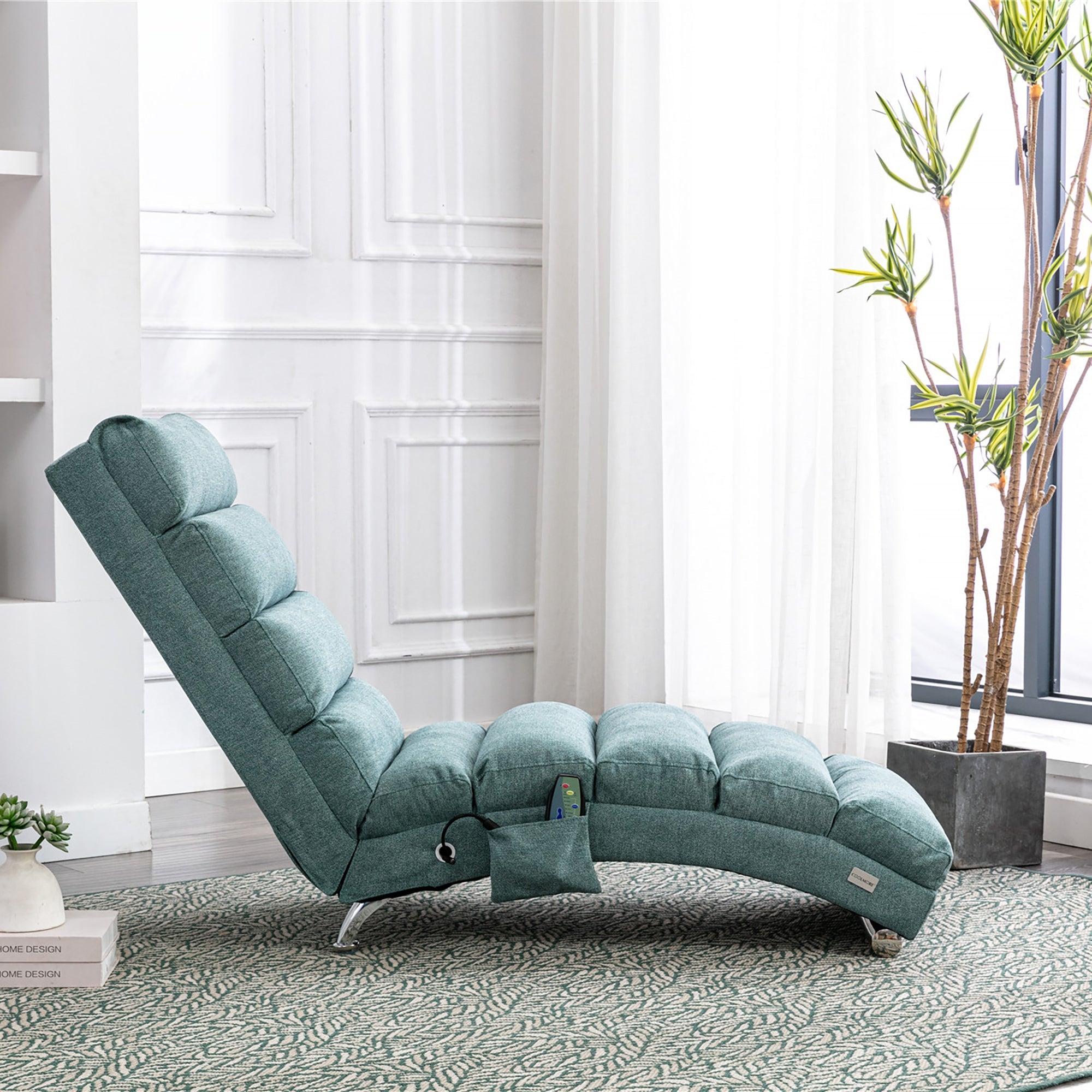 Ergonomic Electric Massage Chaise Lounge with Remote Control, Teal Linen Upholstery (W39539623) - Direct Wicker