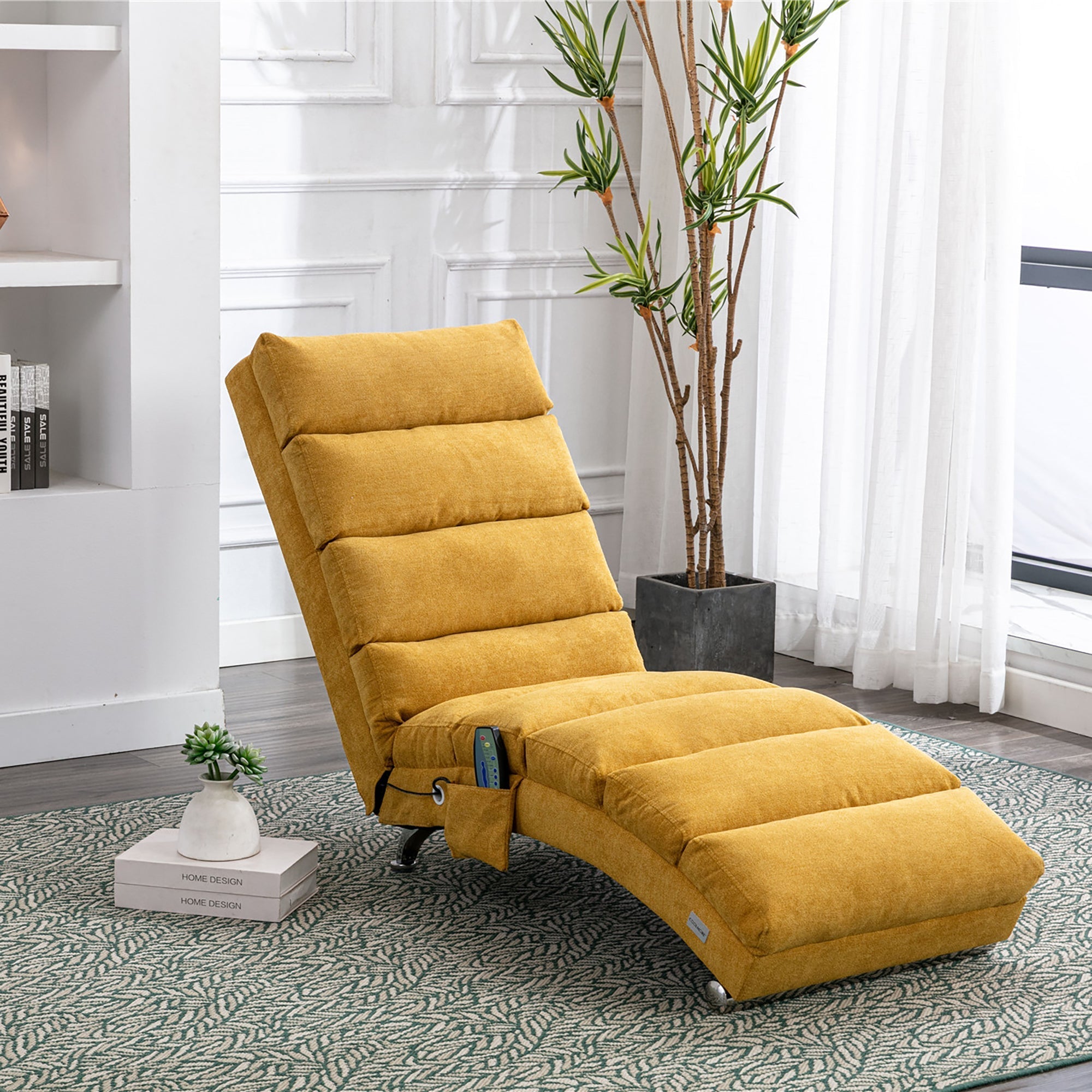 Ergonomic Linen Massage Chaise Lounge with Remote Control, Mustard Color, 5 Modes (W39539621) - Direct Wicker
