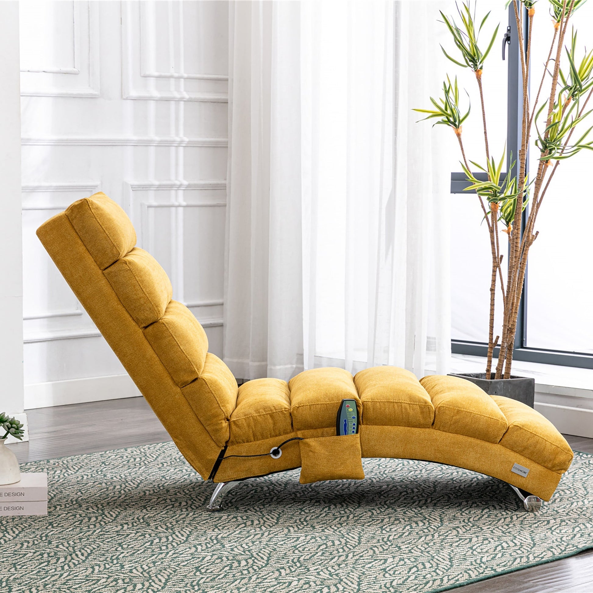 Ergonomic Linen Massage Chaise Lounge with Remote Control, Mustard Color, 5 Modes (W39539621) - Direct Wicker