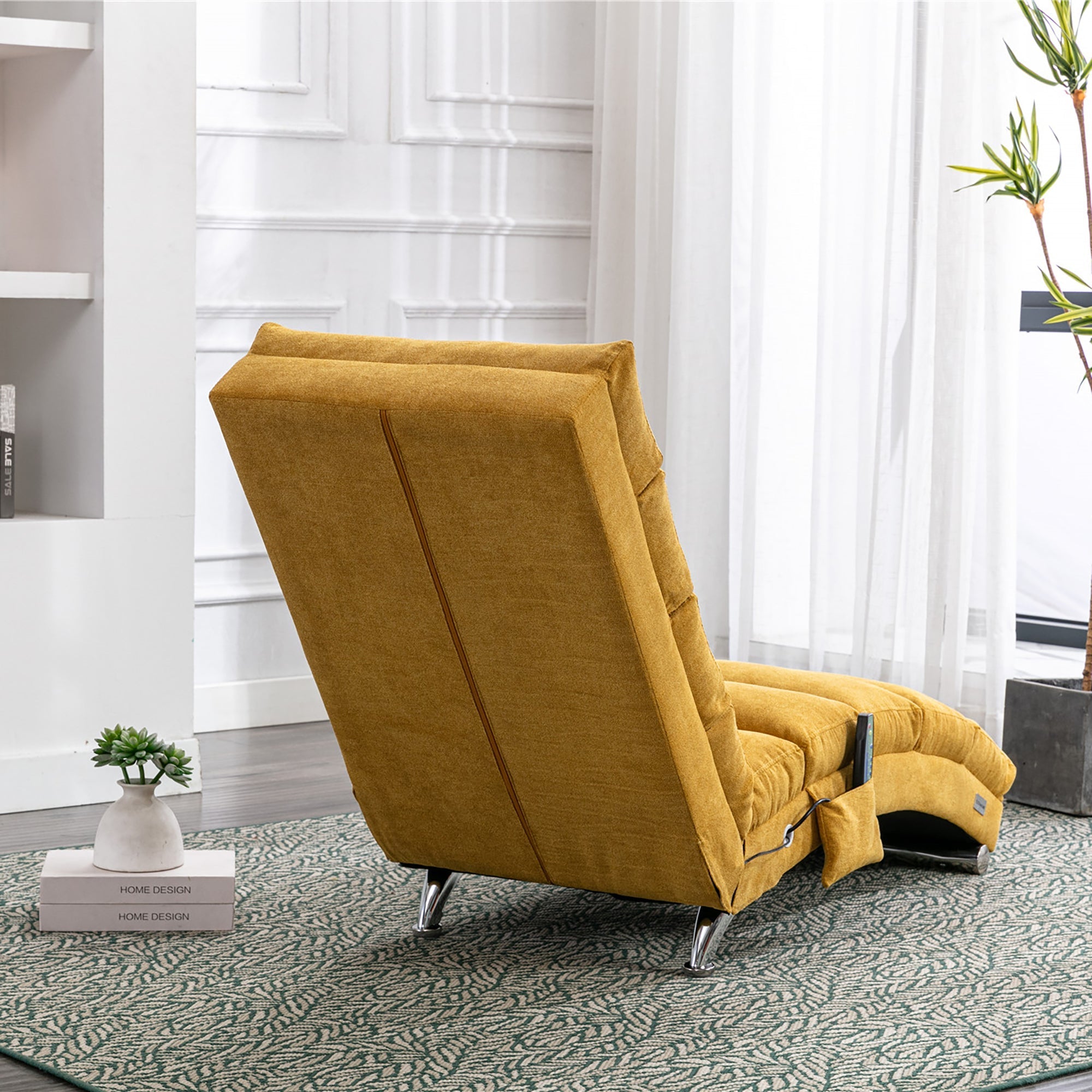 Ergonomic Linen Massage Chaise Lounge with Remote Control, Mustard Color, 5 Modes (W39539621) - Direct Wicker
