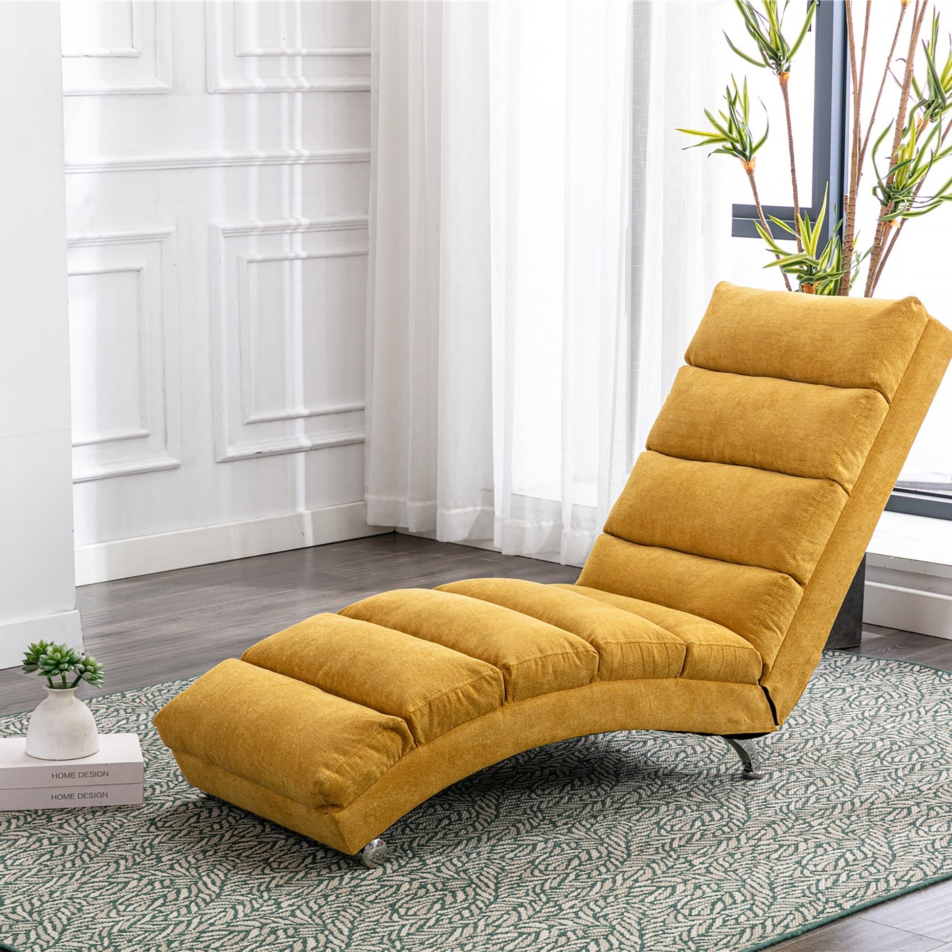 Ergonomic Linen Massage Chaise Lounge with Remote Control, Mustard Color, 5 Modes (W39539621) - Direct Wicker