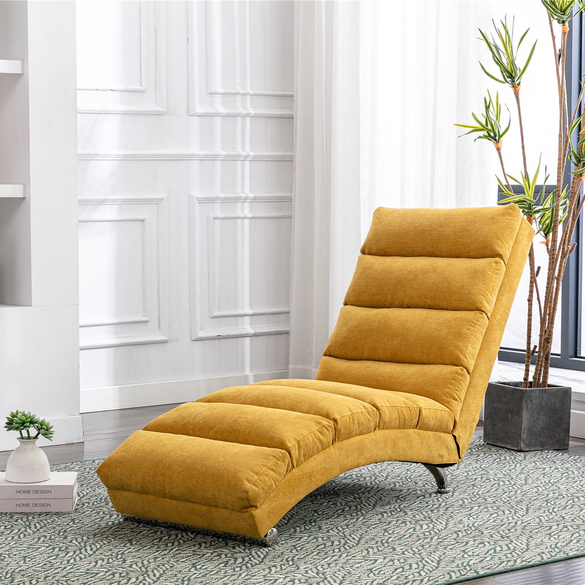 Ergonomic Linen Massage Chaise Lounge with Remote Control, Mustard Color, 5 Modes (W39539621) - Direct Wicker
