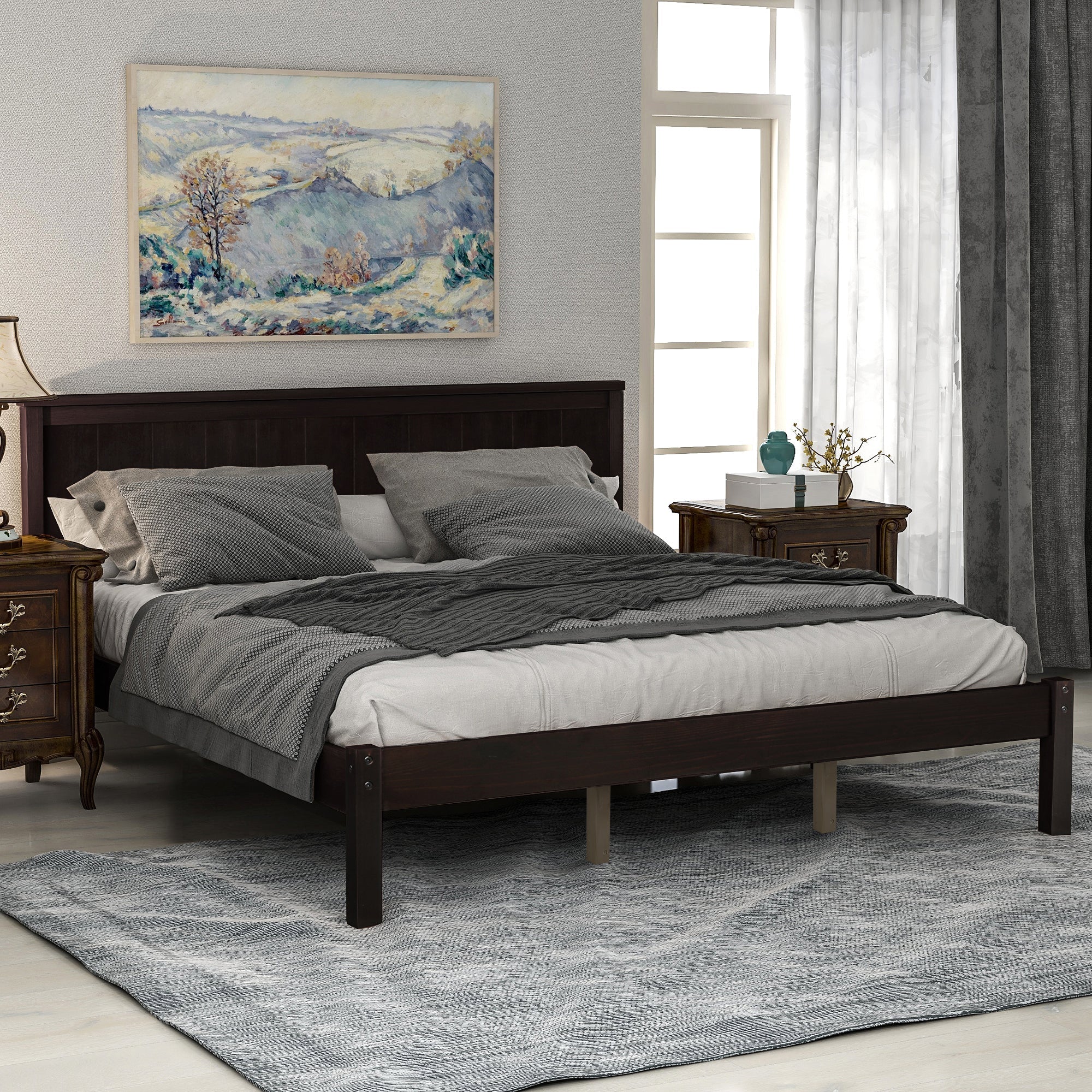 Espresso Platform Bed Frame with Headboard, Wood Slat Support (WF212813AAP) - Direct Wicker