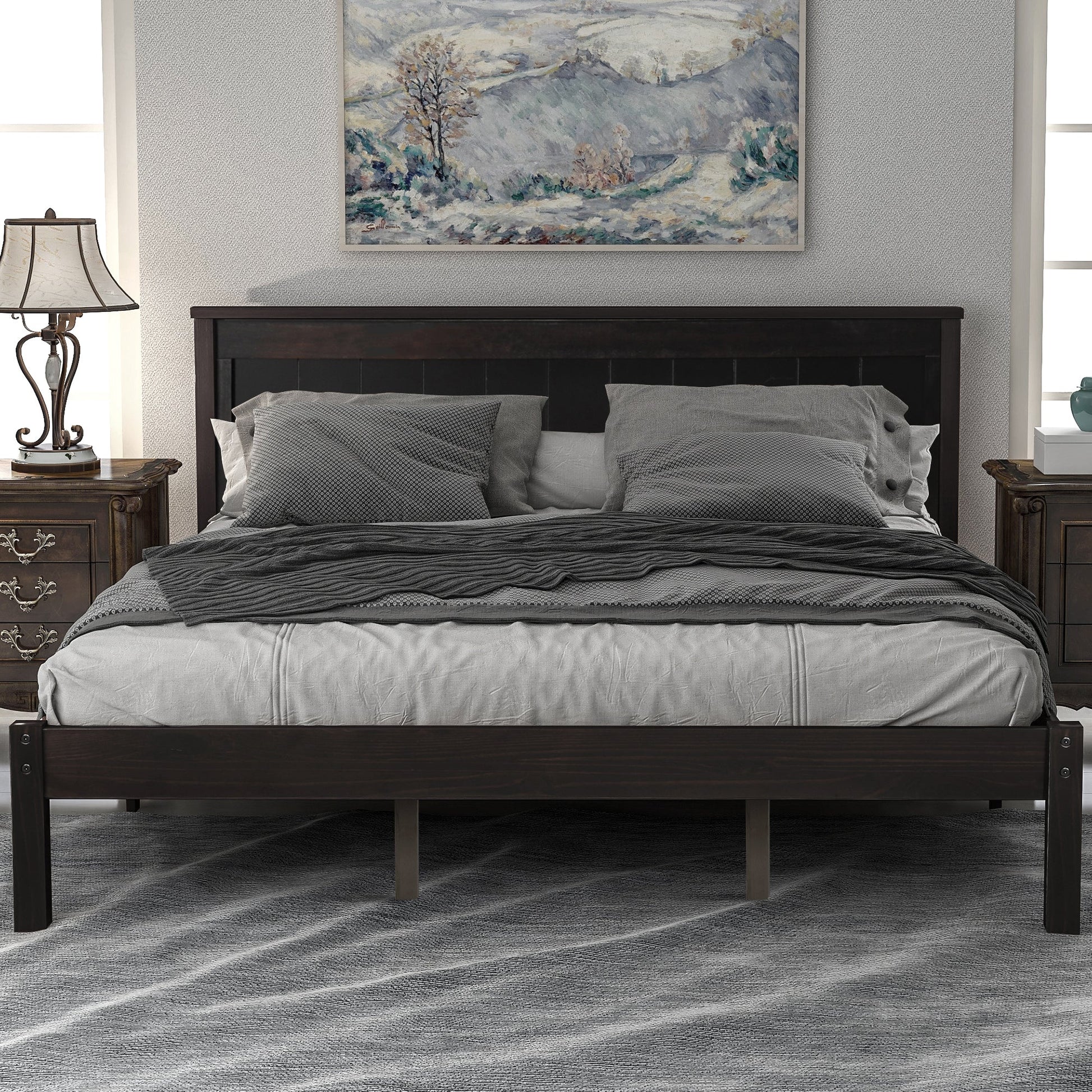 Espresso Platform Bed Frame with Headboard, Wood Slat Support (WF212813AAP) - Direct Wicker
