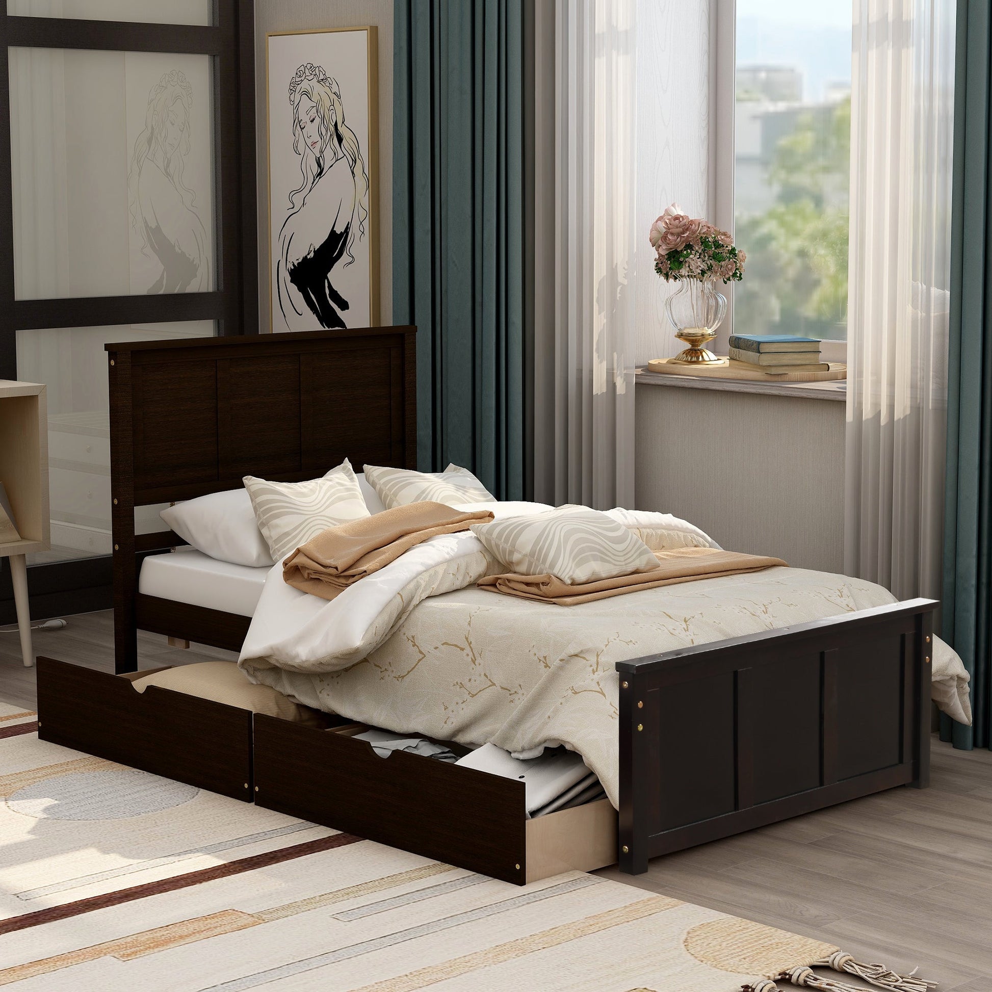 Espresso Platform Storage Bed with 2 Wheel - Base Drawers, Twin Size Frame (WF194472AAP) - Direct Wicker