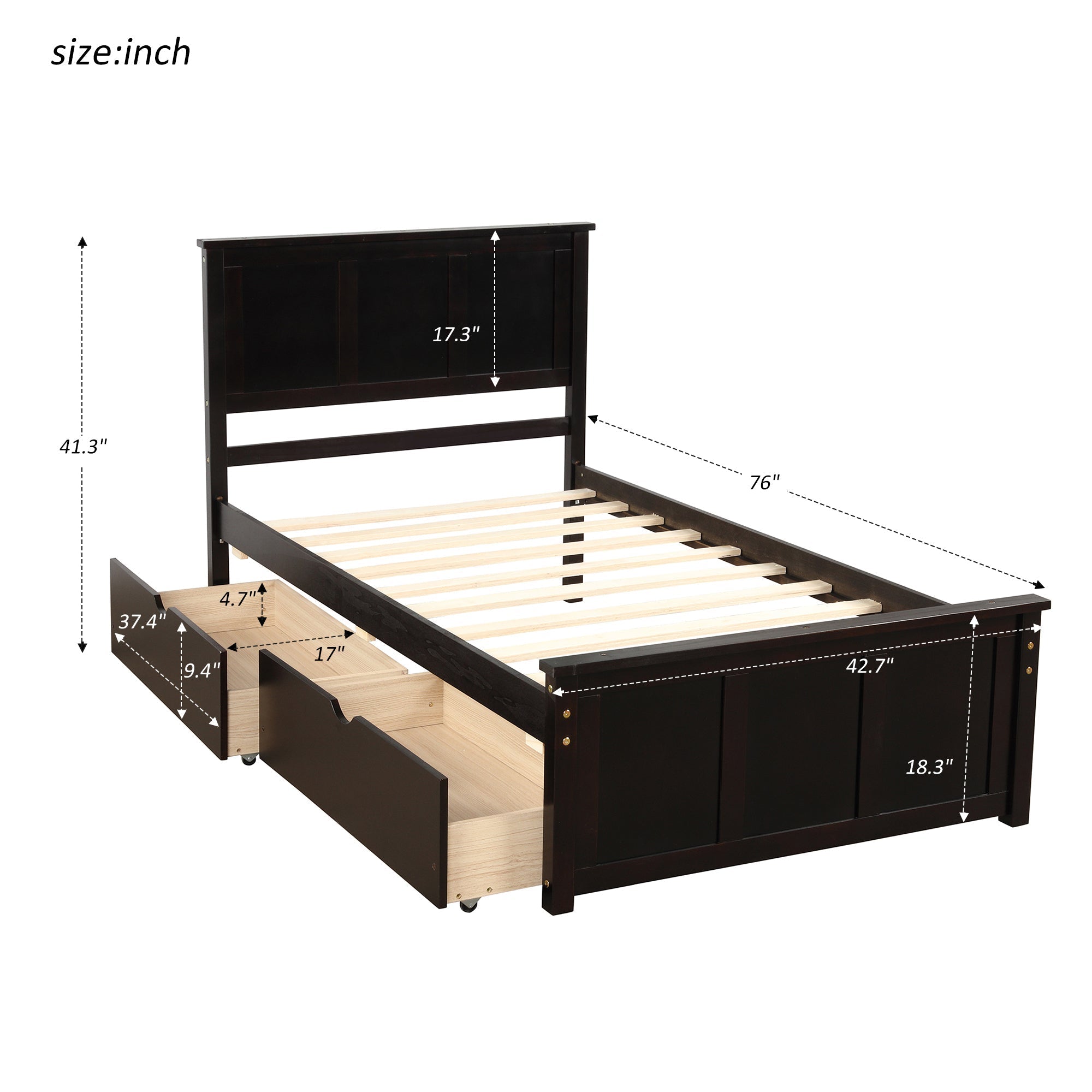 Espresso Platform Storage Bed with 2 Wheel - Base Drawers, Twin Size Frame (WF194472AAP) - Direct Wicker