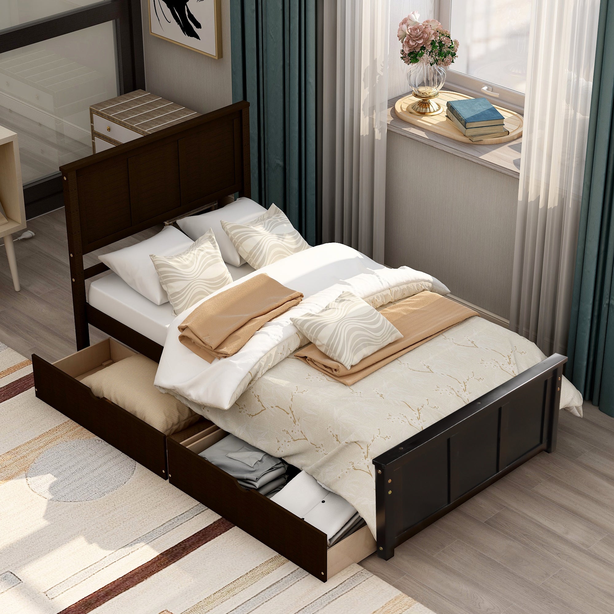 Espresso Platform Storage Bed with 2 Wheel - Base Drawers, Twin Size Frame (WF194472AAP) - Direct Wicker