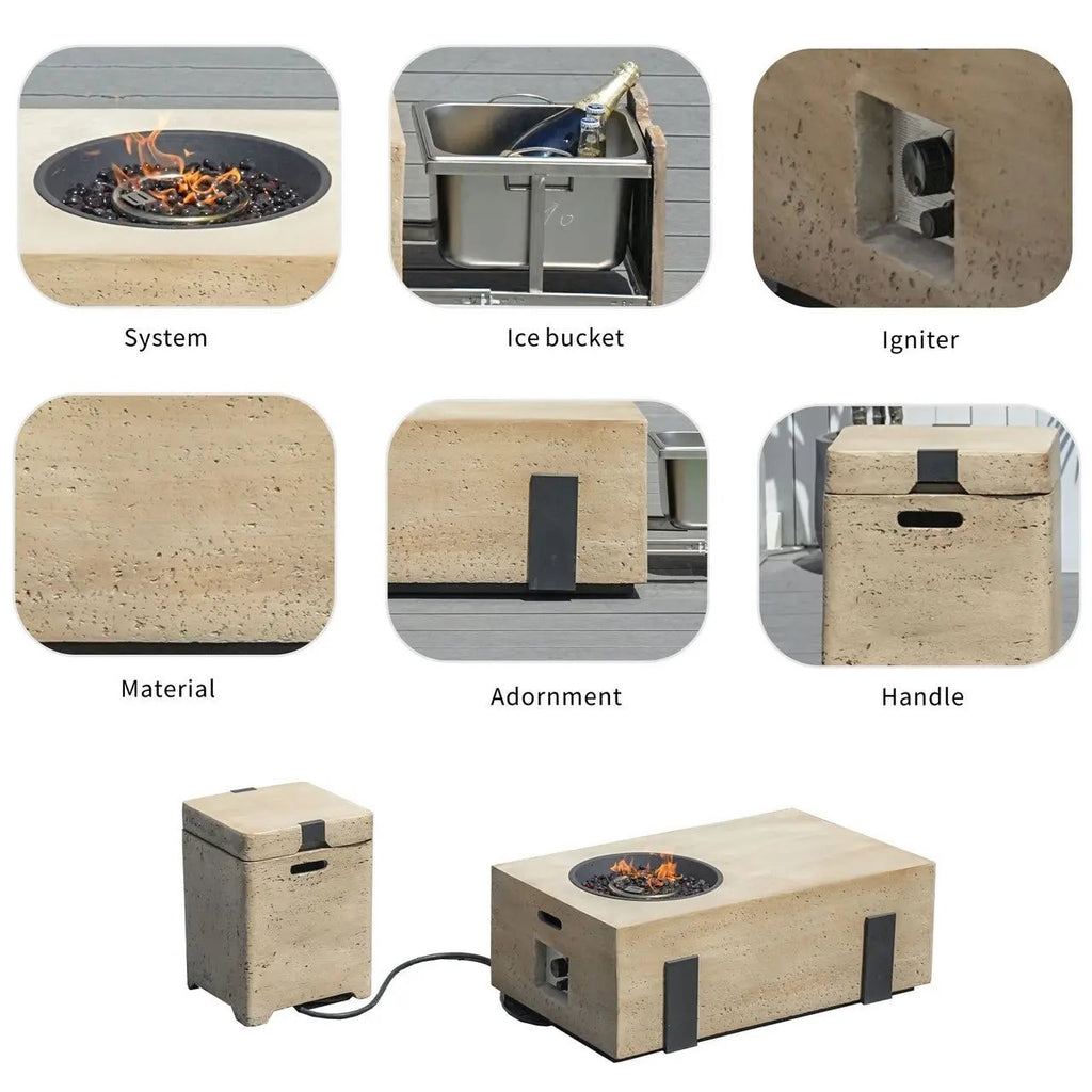 Firepit Table Set with Stainless Steel Ice Bucket & Gas Tank Side Table (PAG-2355) - Direct Wicker