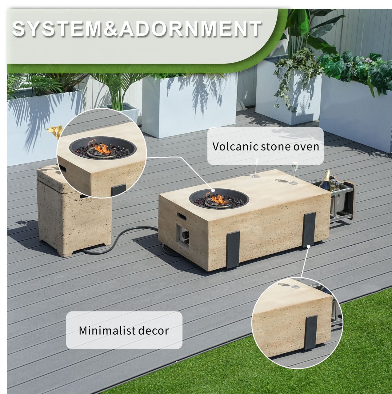 Firepit Table Set with Stainless Steel Ice Bucket & Gas Tank Side Table (PAG-2355) - Direct Wicker