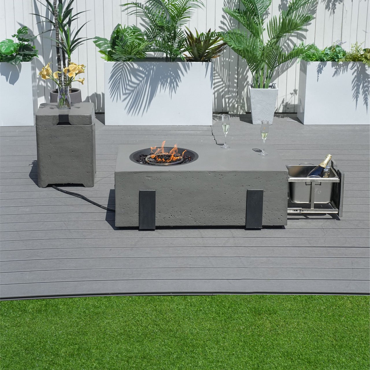 Firepit Table Set with Stainless Steel Ice Bucket & Gas Tank Side Table (PAG-2355) - Direct Wicker