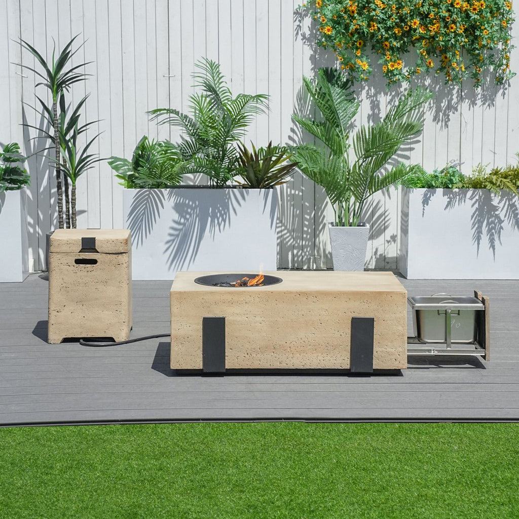 Firepit Table Set with Stainless Steel Ice Bucket & Gas Tank Side Table (PAG-2355) - Direct Wicker