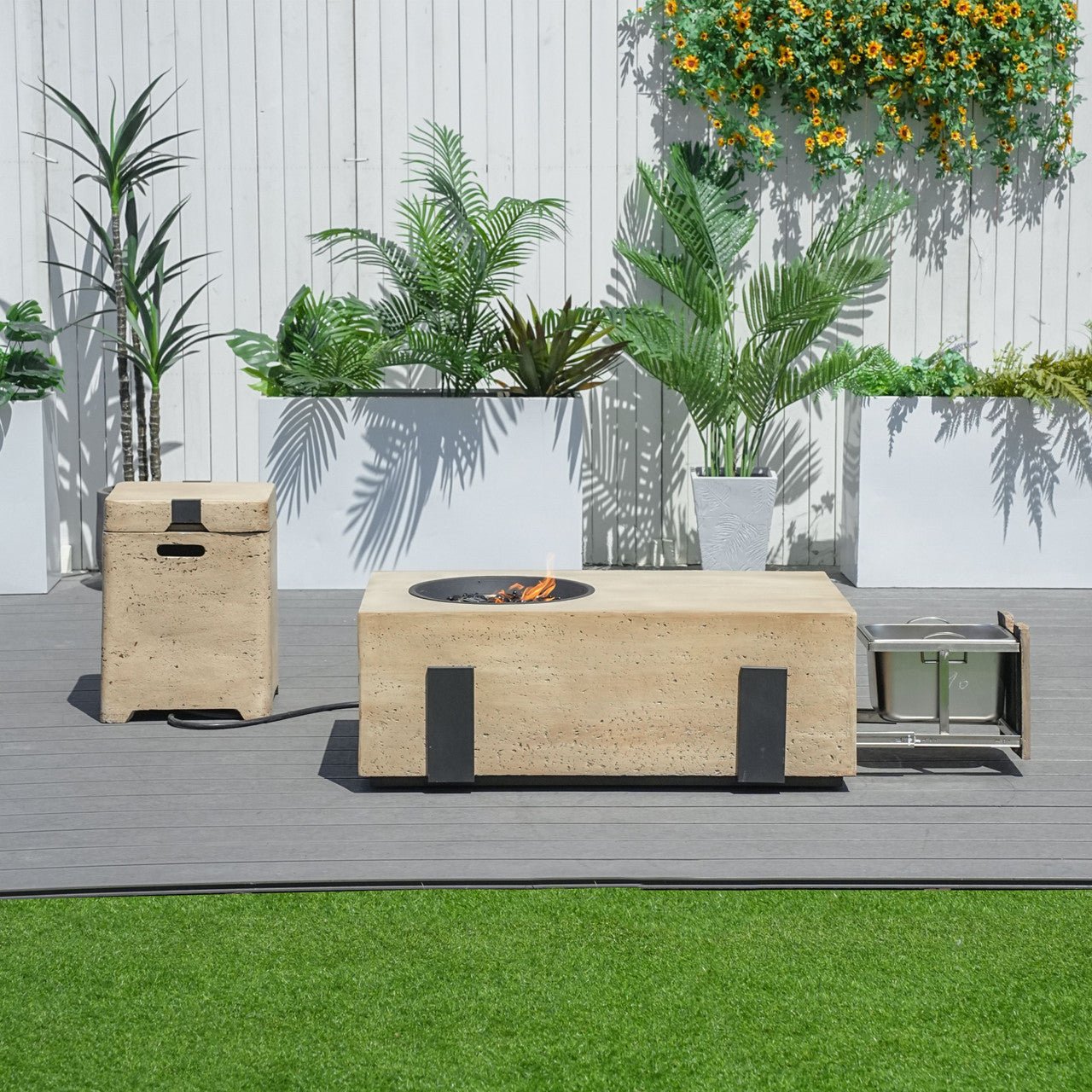 Firepit Table Set with Stainless Steel Ice Bucket & Gas Tank Side Table (PAG-2355) - Direct Wicker