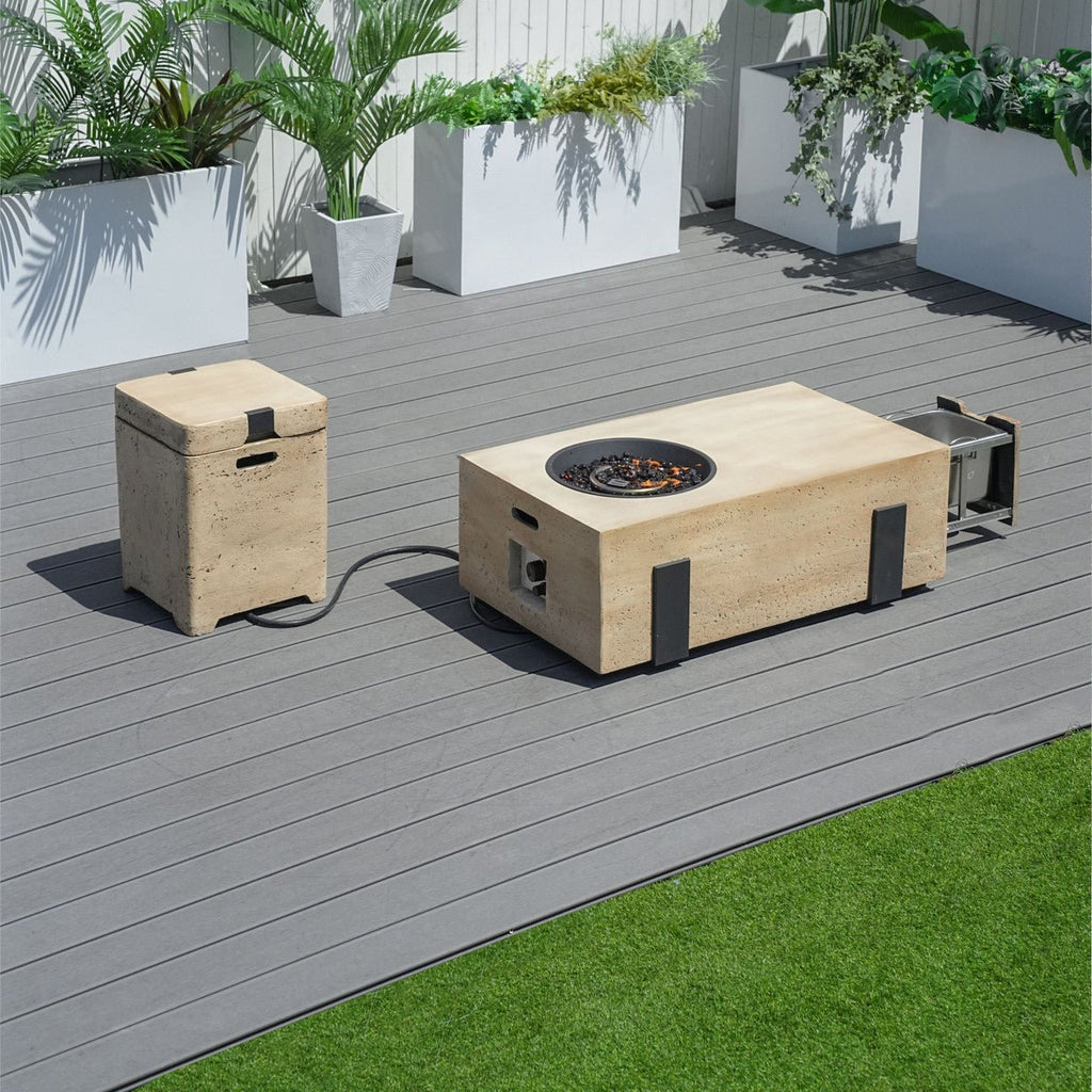 Firepit Table Set with Stainless Steel Ice Bucket & Gas Tank Side Table (PAG-2355) - Direct Wicker