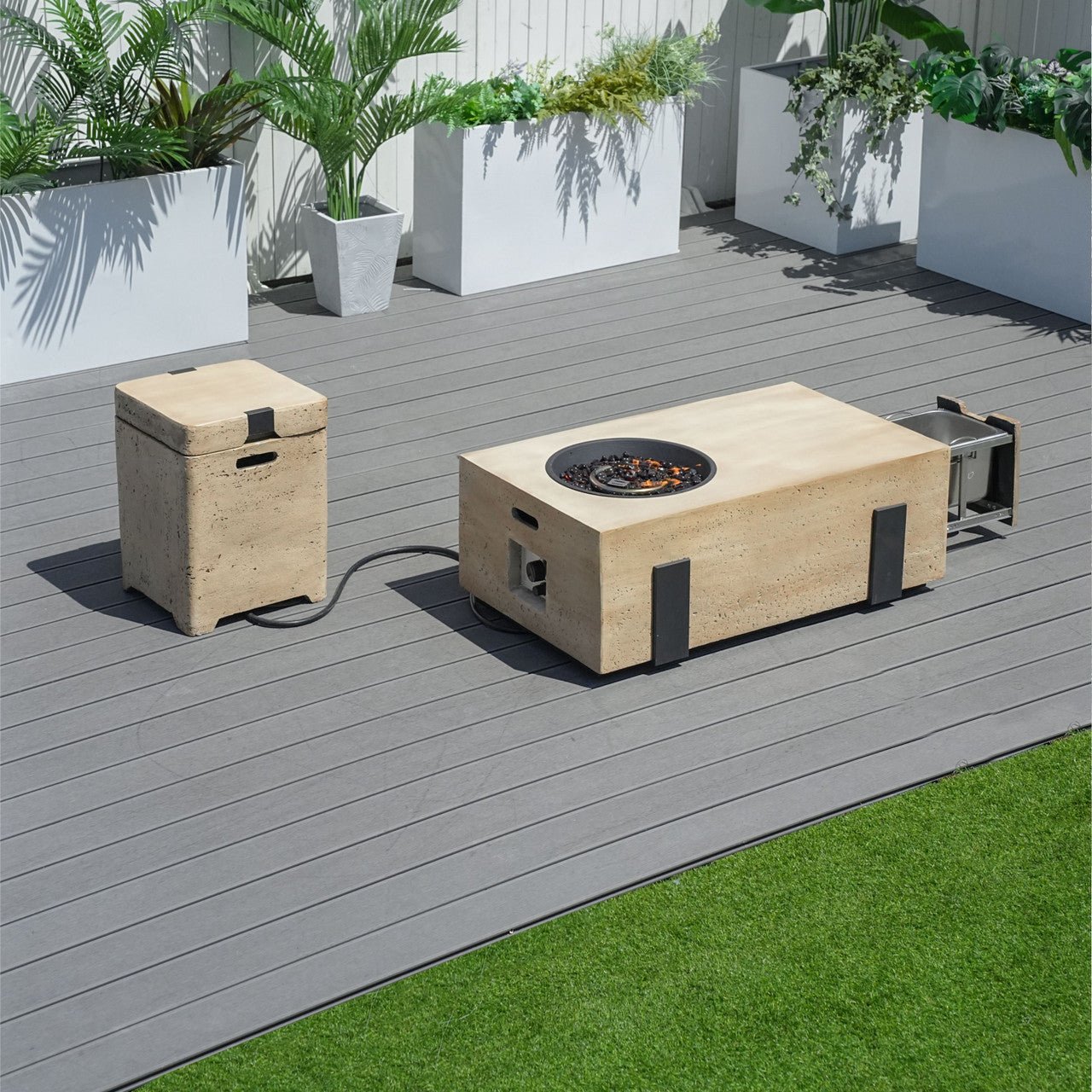 Firepit Table Set with Stainless Steel Ice Bucket & Gas Tank Side Table (PAG-2355) - Direct Wicker