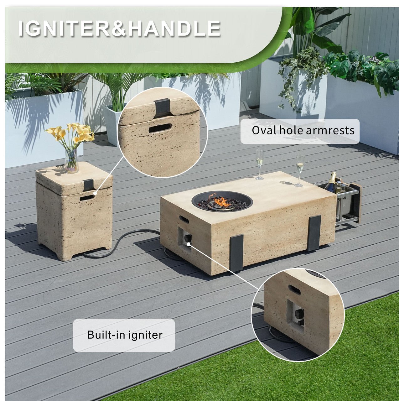 Firepit Table Set with Stainless Steel Ice Bucket & Gas Tank Side Table (PAG-2355) - Direct Wicker