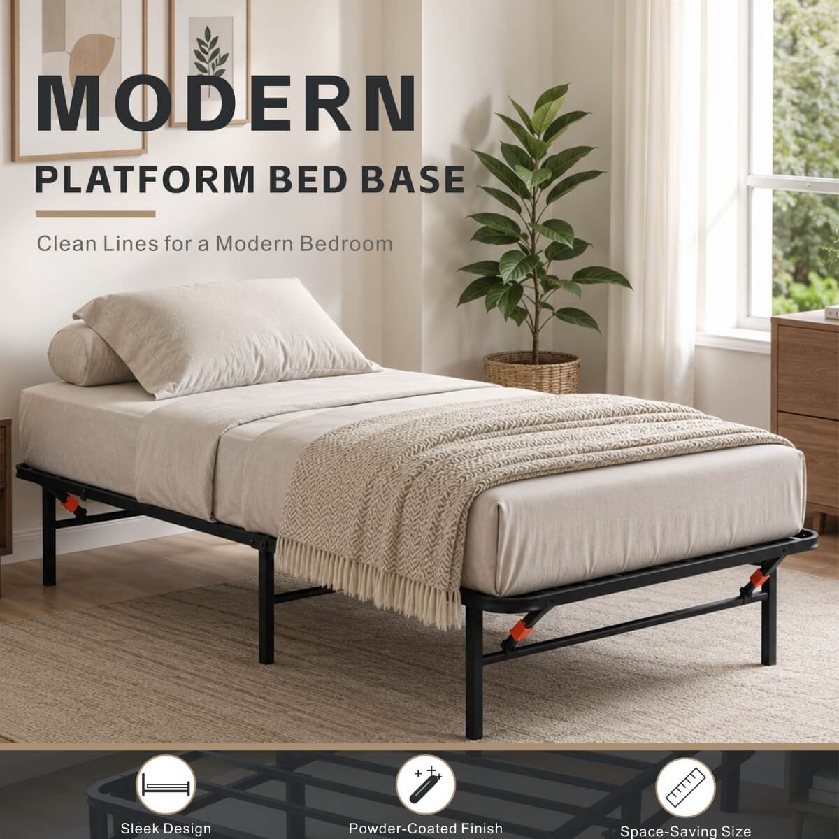 Foldable Twin Size Heavy-Duty Metal Platform Bed Frame (PAL-2679-KD-BK-ZJWK) - Direct Wicker