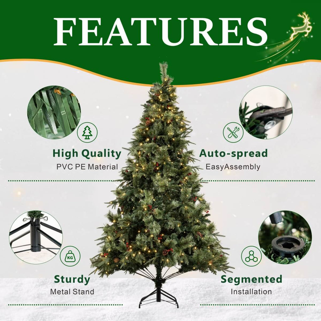 Full Pre-Lit Artificial Christmas Tree with Red Berries, Pine Cones, Warm White LED Lights & Dense PVC Branches – 6.5 FT, 7.5 FT & 8.5 FT (PAT-012L) - Direct Wicker