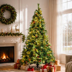 Full Pre-Lit Artificial Christmas Tree with Red Berries, Pine Cones, Warm White LED Lights & Dense PVC Branches – 6.5 FT, 7.5 FT & 8.5 FT (PAT-012L) - Direct Wicker