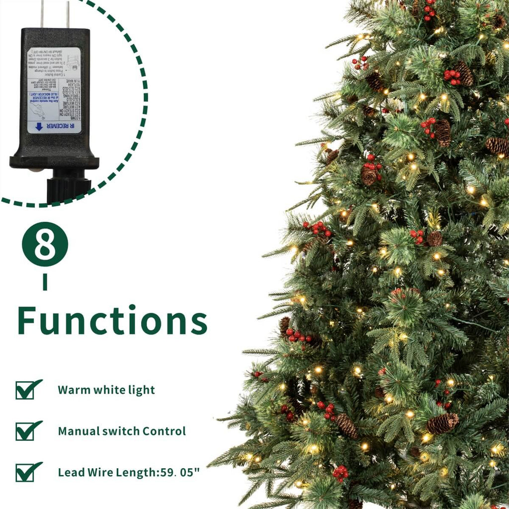 Full Pre-Lit Artificial Christmas Tree with Red Berries, Pine Cones, Warm White LED Lights & Dense PVC Branches – 6.5 FT, 7.5 FT & 8.5 FT (PAT-012L) - Direct Wicker