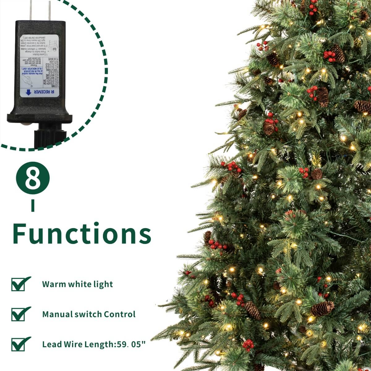Full Pre-Lit Artificial Christmas Tree with Red Berries, Pine Cones, Warm White LED Lights & Dense PVC Branches – 6.5 FT, 7.5 FT & 8.5 FT (PAT-012L) - Direct Wicker