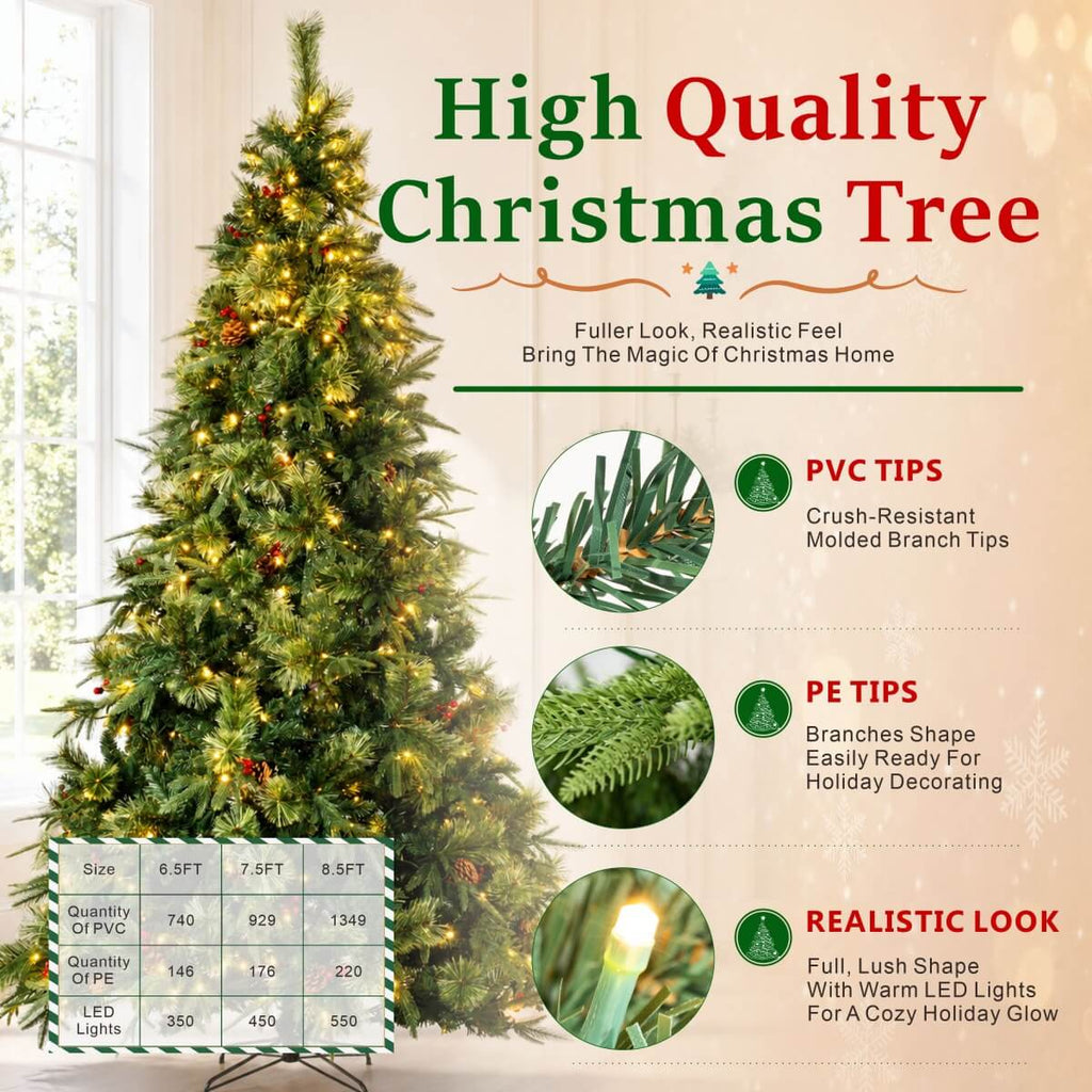 Full Pre-Lit Artificial Christmas Tree with Red Berries, Pine Cones, Warm White LED Lights & Dense PVC Branches – 6.5 FT, 7.5 FT & 8.5 FT (PAT-012L) - Direct Wicker