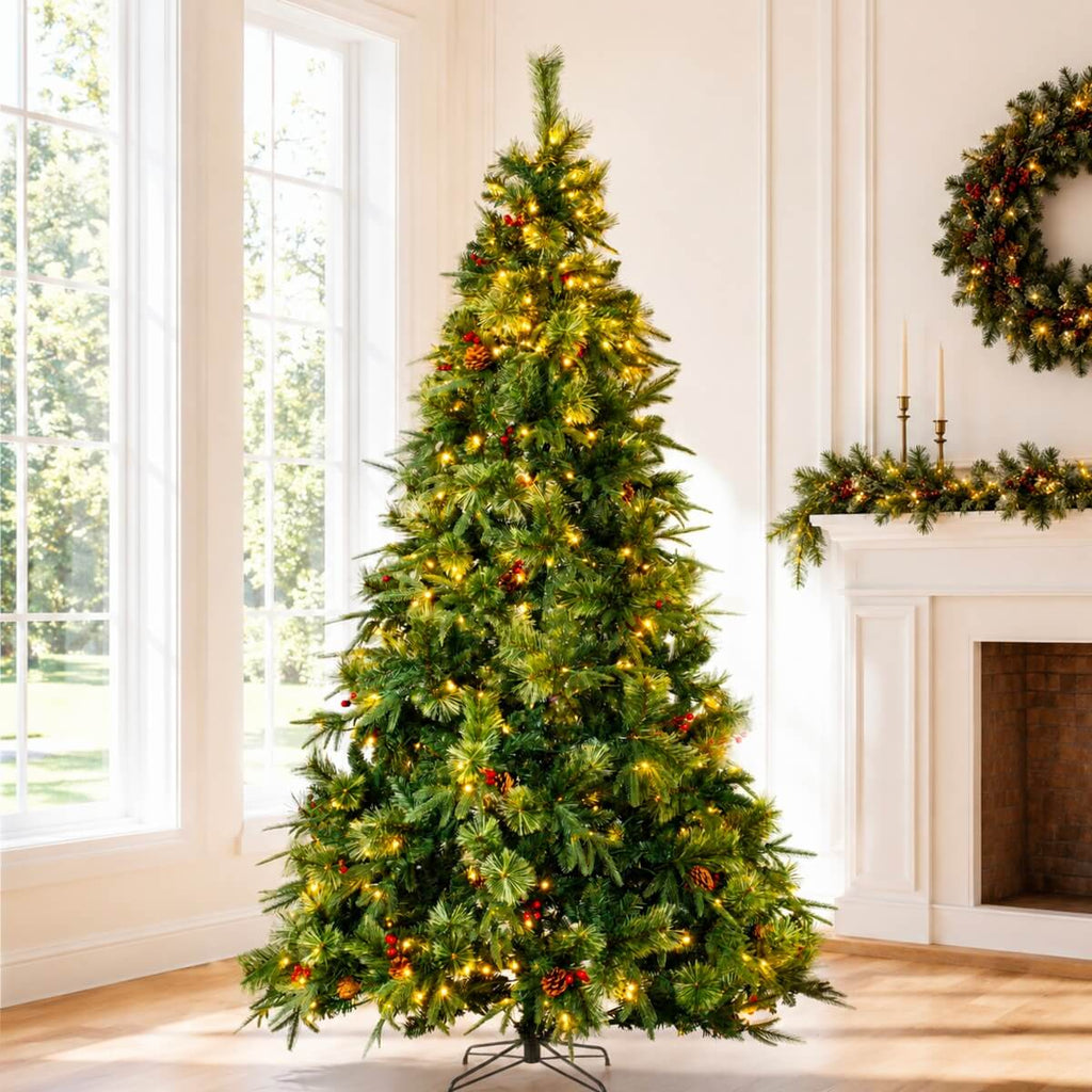 Full Pre-Lit Artificial Christmas Tree with Red Berries, Pine Cones, Warm White LED Lights & Dense PVC Branches – 6.5 FT, 7.5 FT & 8.5 FT (PAT-012L) - Direct Wicker