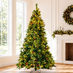 Full Pre-Lit Artificial Christmas Tree with Red Berries, Pine Cones, Warm White LED Lights & Dense PVC Branches – 6.5 FT, 7.5 FT & 8.5 FT (PAT-012L) - Direct Wicker