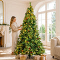 Full Pre-Lit Artificial Christmas Tree with Red Berries, Pine Cones, Warm White LED Lights & Dense PVC Branches – 6.5 FT, 7.5 FT & 8.5 FT (PAT-012L) - Direct Wicker