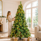 Full Pre-Lit Artificial Christmas Tree with Red Berries, Pine Cones, Warm White LED Lights & Dense PVC Branches – 6.5 FT, 7.5 FT & 8.5 FT (PAT-012L) - Direct Wicker