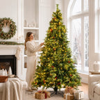 Full Pre-Lit Artificial Christmas Tree with Red Berries, Pine Cones, Warm White LED Lights & Dense PVC Branches – 6.5 FT, 7.5 FT & 8.5 FT (PAT-012L) - Direct Wicker