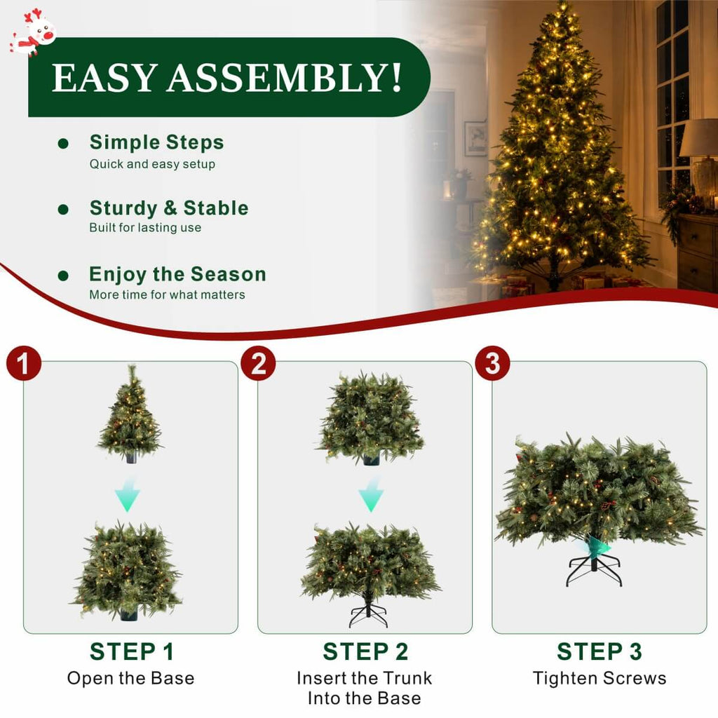 Full Pre-Lit Artificial Christmas Tree with Red Berries, Pine Cones, Warm White LED Lights & Dense PVC Branches – 6.5 FT, 7.5 FT & 8.5 FT (PAT-012L) - Direct Wicker