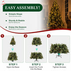 Full Pre-Lit Artificial Christmas Tree with Red Berries, Pine Cones, Warm White LED Lights & Dense PVC Branches – 6.5 FT, 7.5 FT & 8.5 FT (PAT-012L) - Direct Wicker