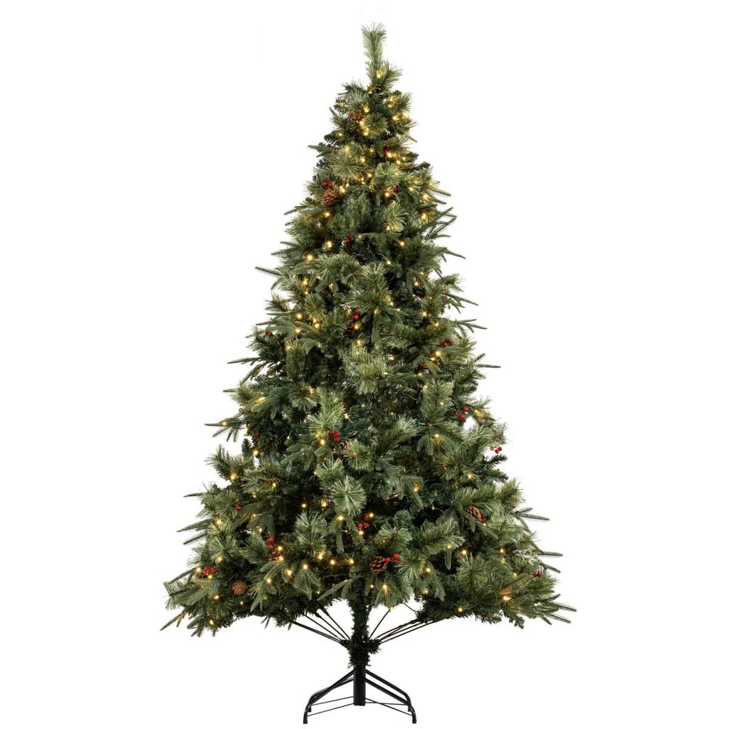 Full Pre-Lit Artificial Christmas Tree with Red Berries, Pine Cones, Warm White LED Lights & Dense PVC Branches – 6.5 FT, 7.5 FT & 8.5 FT (PAT-012L) - Direct Wicker