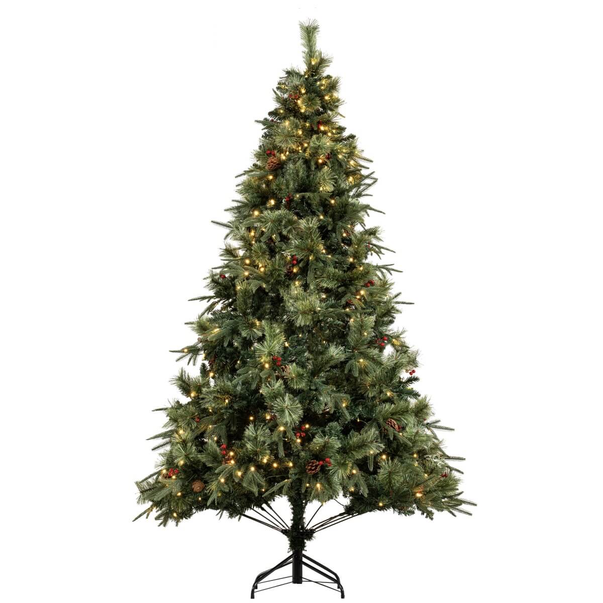 Full Pre-Lit Artificial Christmas Tree with Red Berries, Pine Cones, Warm White LED Lights & Dense PVC Branches – 6.5 FT, 7.5 FT & 8.5 FT (PAT-012L) - Direct Wicker