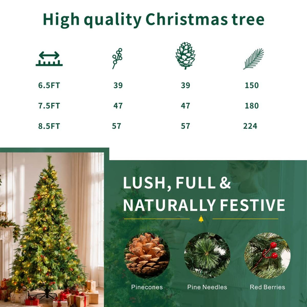 Full Pre-Lit Artificial Christmas Tree with Red Berries, Pine Cones, Warm White LED Lights & Dense PVC Branches – 6.5 FT, 7.5 FT & 8.5 FT (PAT-012L) - Direct Wicker