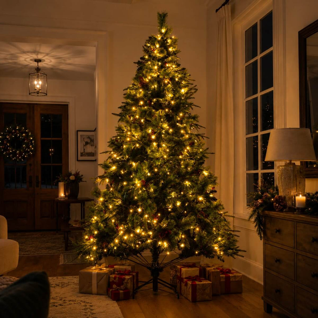Full Pre-Lit Artificial Christmas Tree with Red Berries, Pine Cones, Warm White LED Lights & Dense PVC Branches – 6.5 FT, 7.5 FT & 8.5 FT (PAT-012L) - Direct Wicker