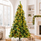 Full Pre-Lit Artificial Christmas Tree with Red Berries, Pine Cones, Warm White LED Lights & Dense PVC Branches – 6.5 FT, 7.5 FT & 8.5 FT (PAT-012L) - Direct Wicker