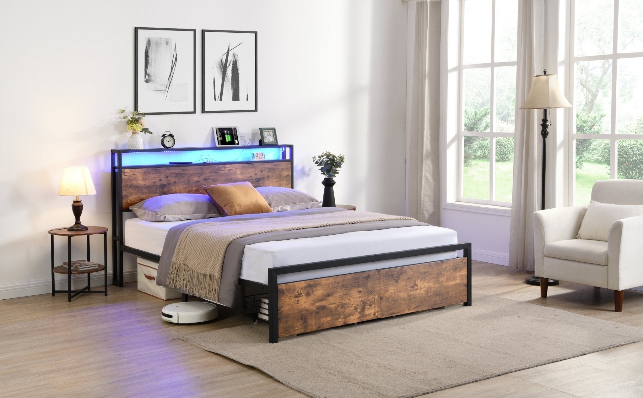 Full Size Bed Frame with Storage Headboard and 2 Drawers, LED Lights Bed (W1916126252) - Direct Wicker