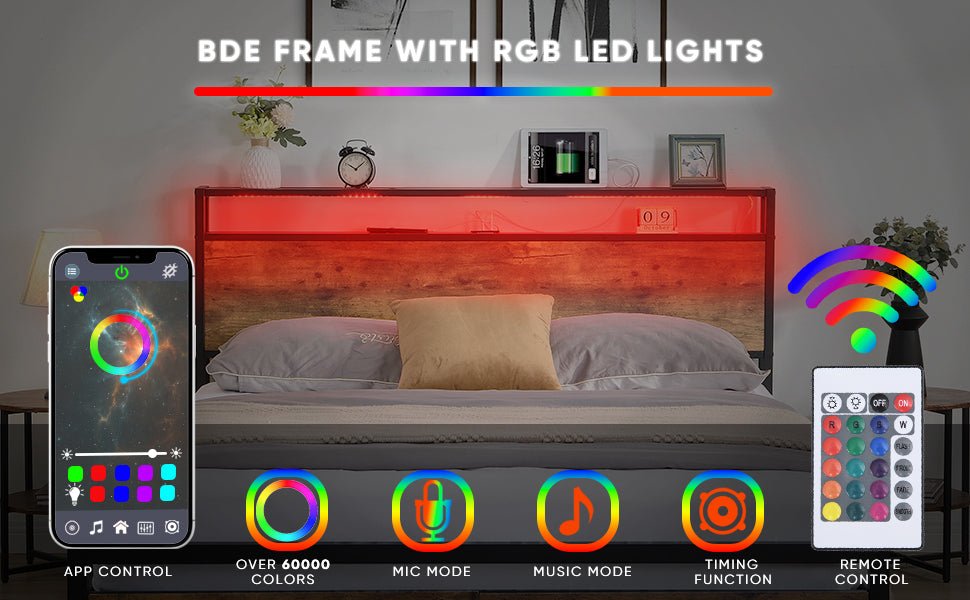 Full Size Bed Frame with Storage Headboard and 2 Drawers, LED Lights Bed (W1916126252) - Direct Wicker