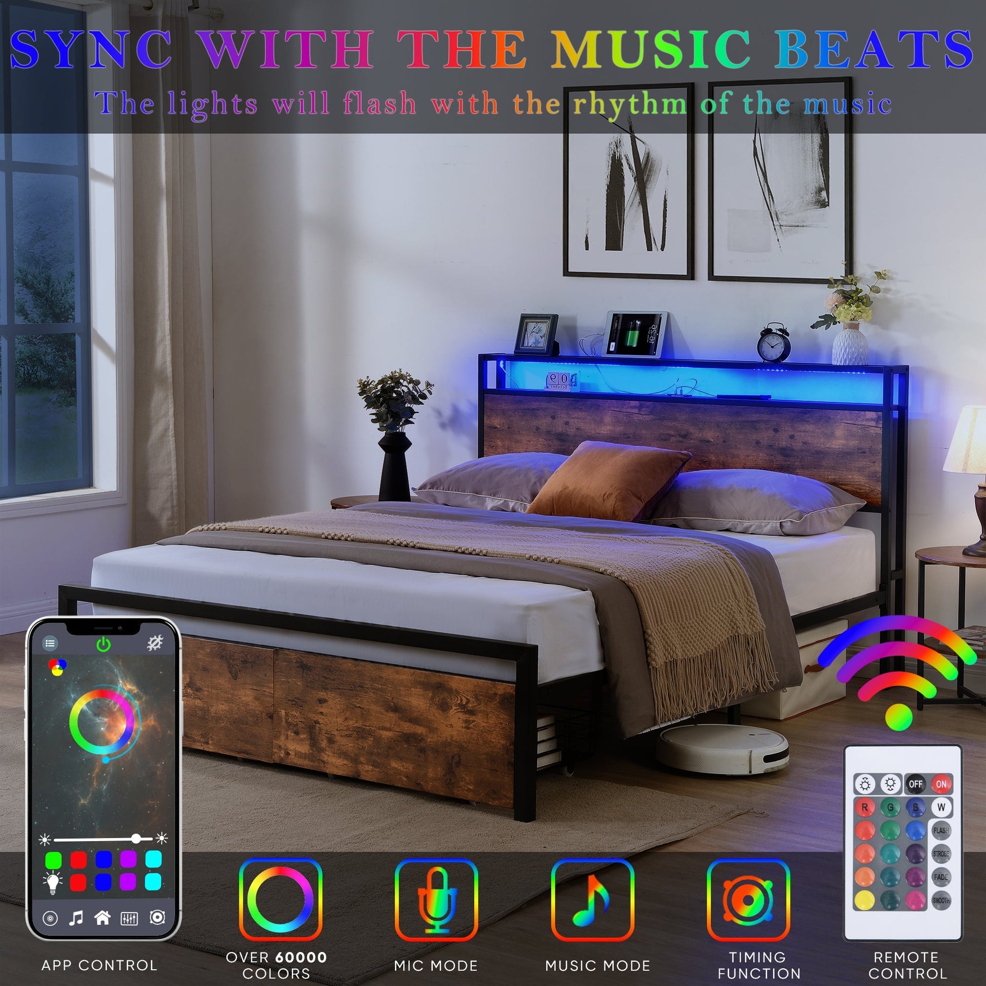 Full Size Bed Frame with Storage Headboard and 2 Drawers, LED Lights Bed (W1916126252) - Direct Wicker
