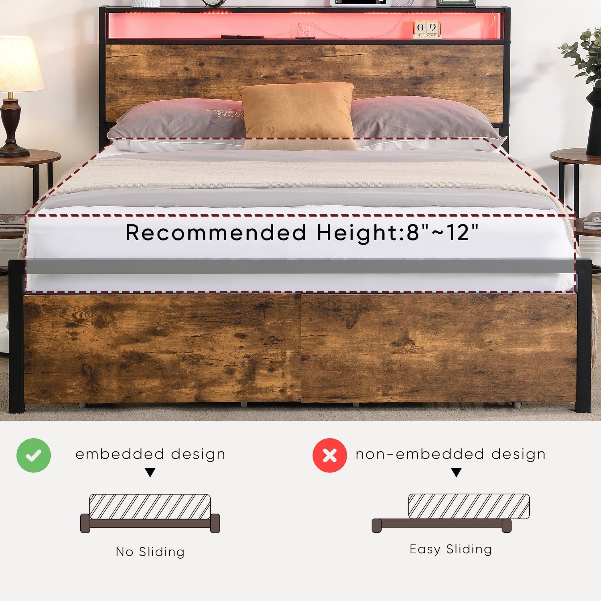 Full Size Bed Frame with Storage Headboard and 2 Drawers, LED Lights Bed (W1916126252) - Direct Wicker