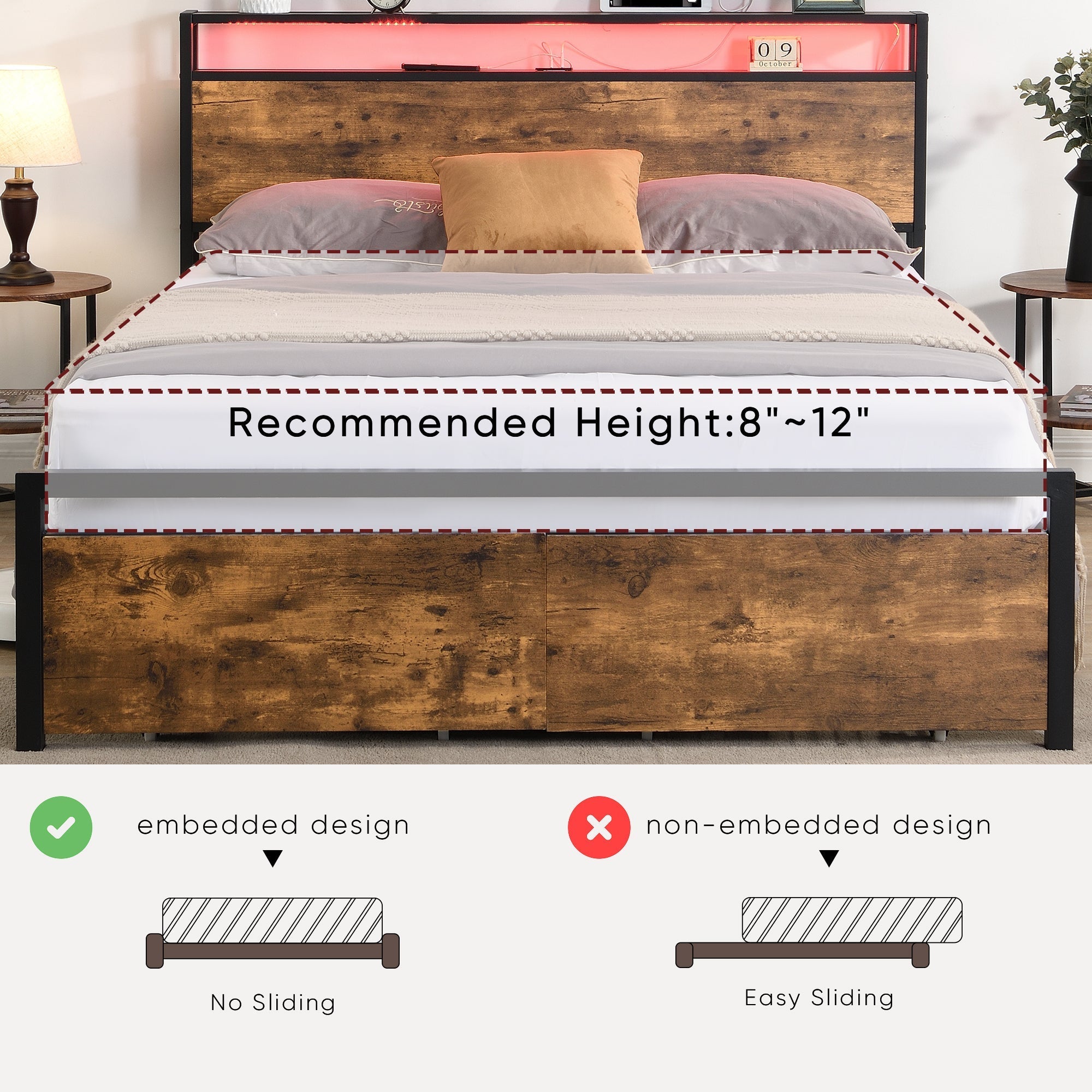 Full Size Bed Frame with Storage Headboard and 2 Drawers, LED Lights Bed (W1916126252) - Direct Wicker