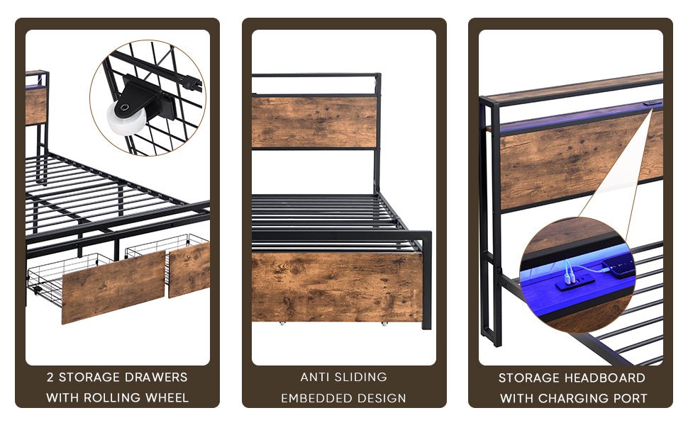 Full Size Bed Frame with Storage Headboard and 2 Drawers, LED Lights Bed (W1916126252) - Direct Wicker