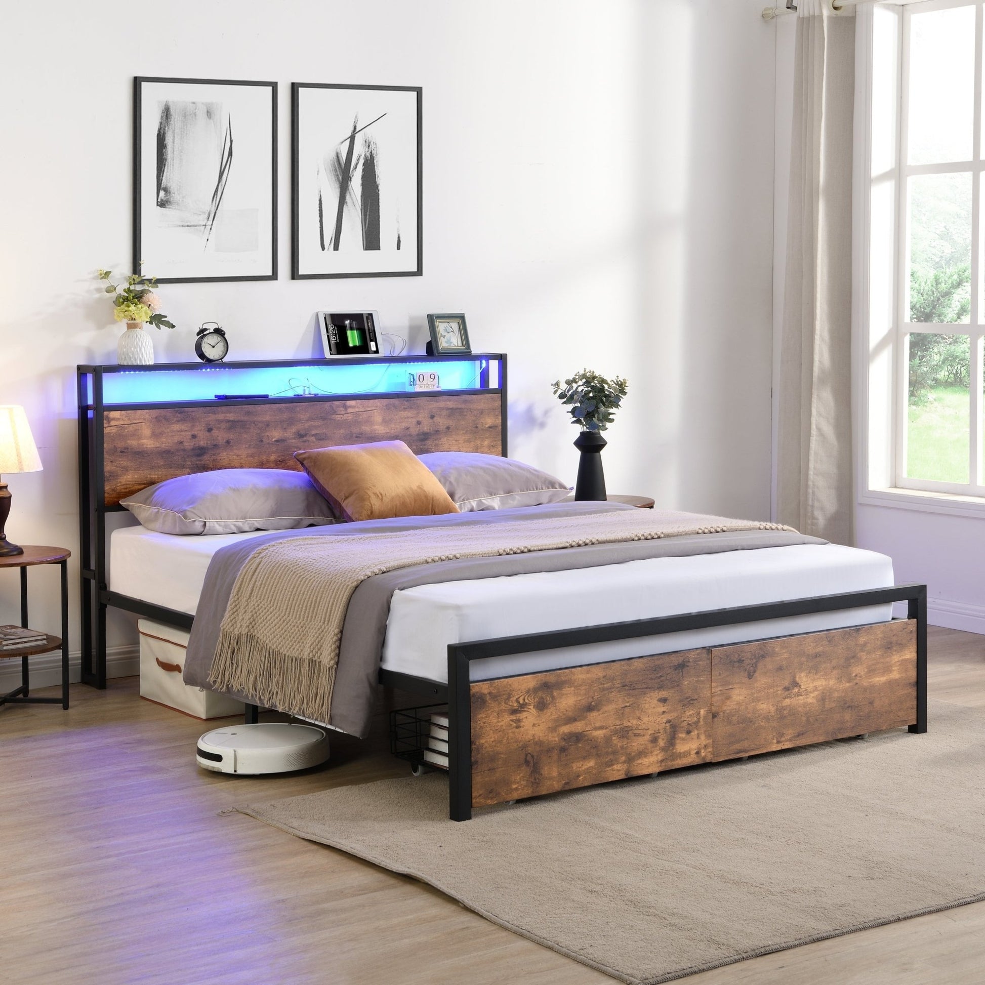 Full Size Bed Frame with Storage Headboard and 2 Drawers, LED Lights Bed (W1916126252) - Direct Wicker