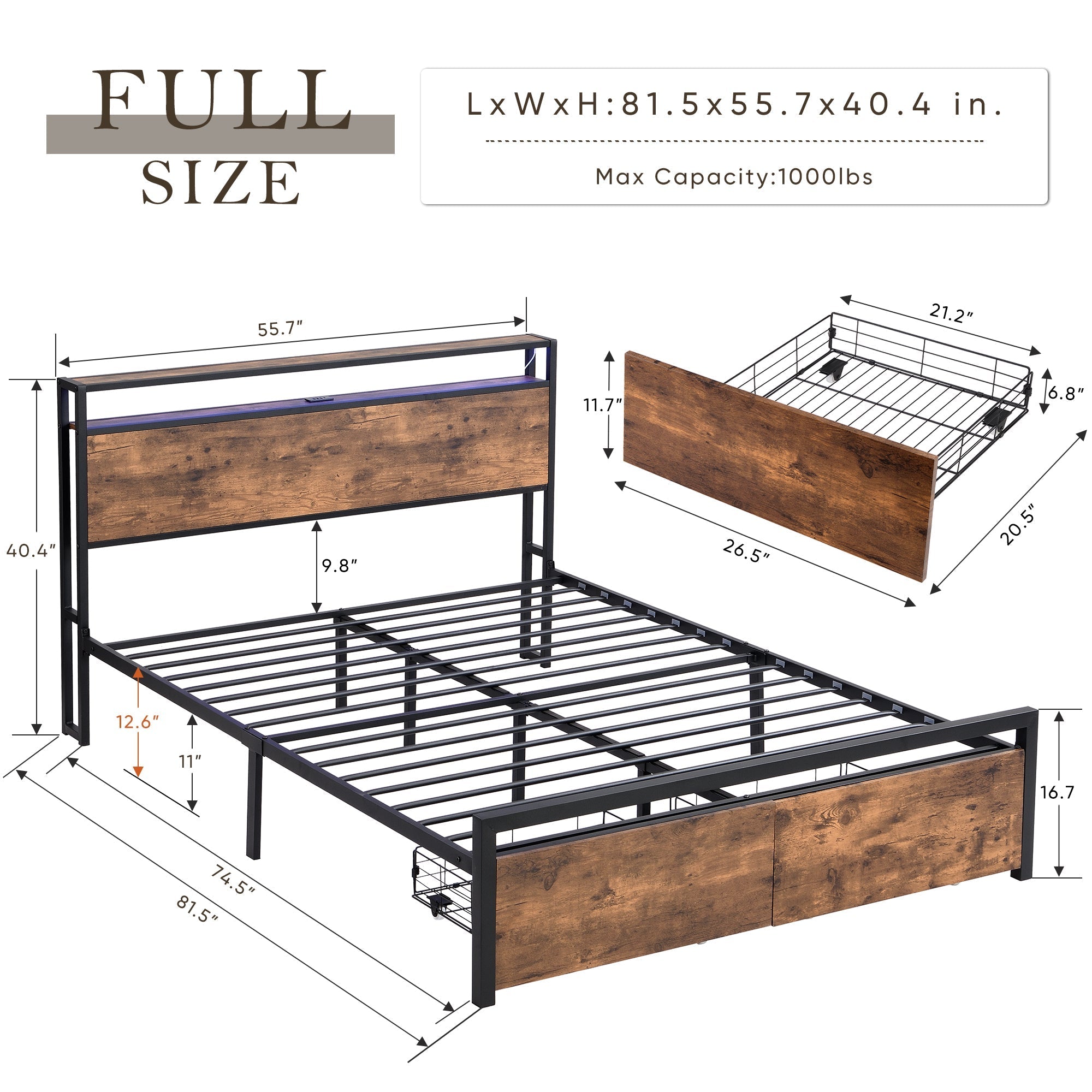 Full Size Bed Frame with Storage Headboard and 2 Drawers, LED Lights Bed (W1916126252) - Direct Wicker