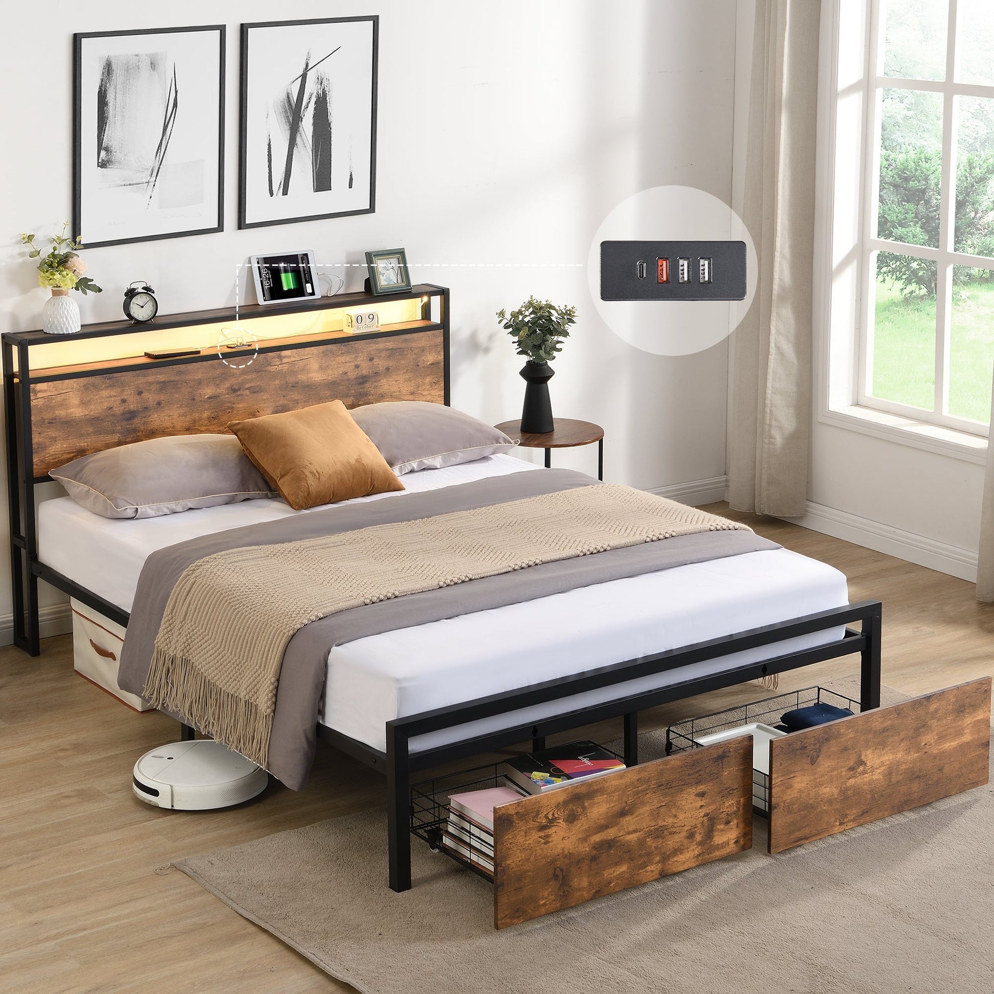 Full Size Bed Frame with Storage Headboard and 2 Drawers, LED Lights Bed (W1916126252) - Direct Wicker