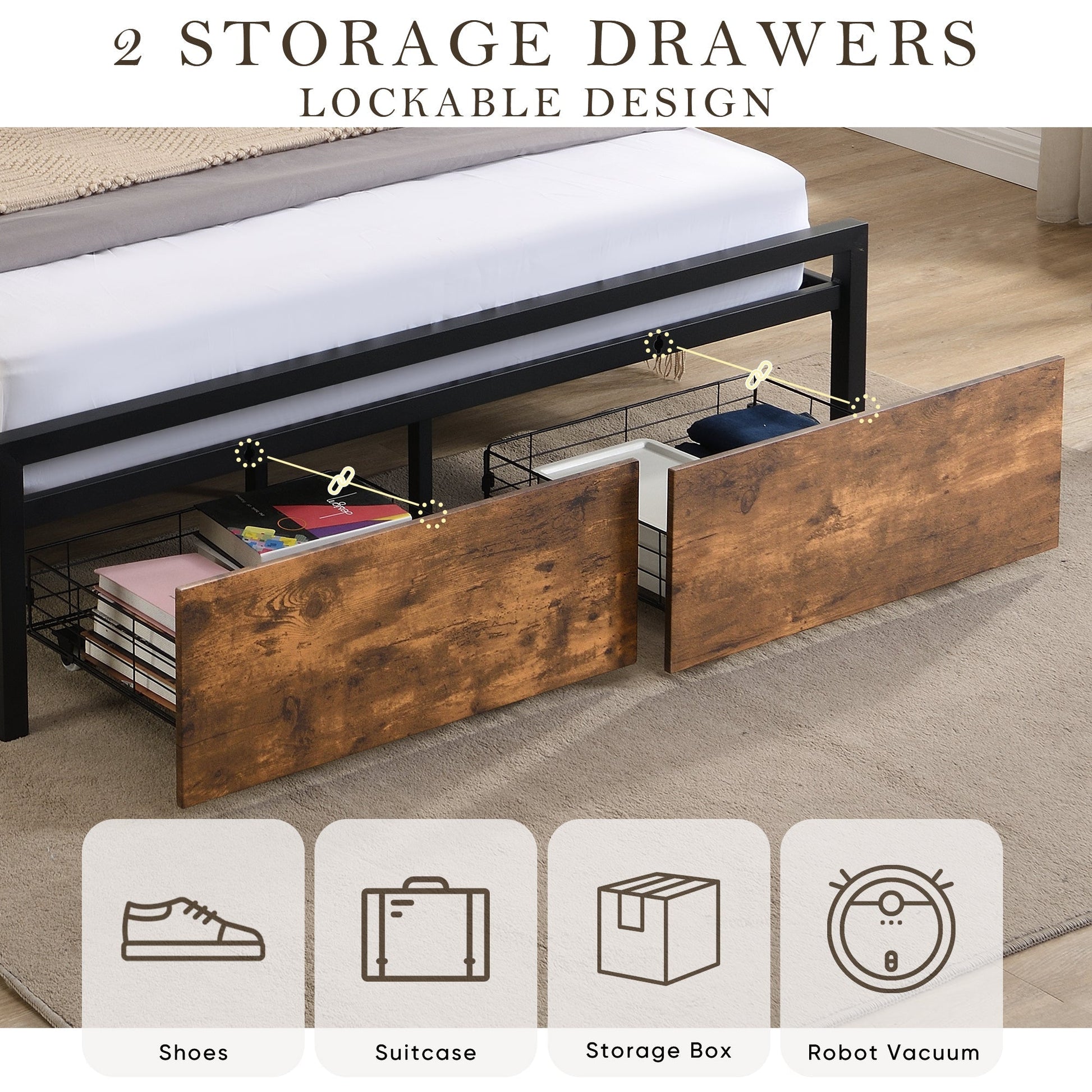 Full Size Bed Frame with Storage Headboard and 2 Drawers, LED Lights Bed (W1916126252) - Direct Wicker
