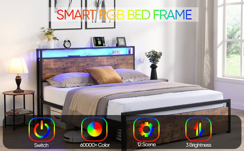Full Size Bed Frame with Storage Headboard and 2 Drawers, LED Lights Bed (W1916126252) - Direct Wicker