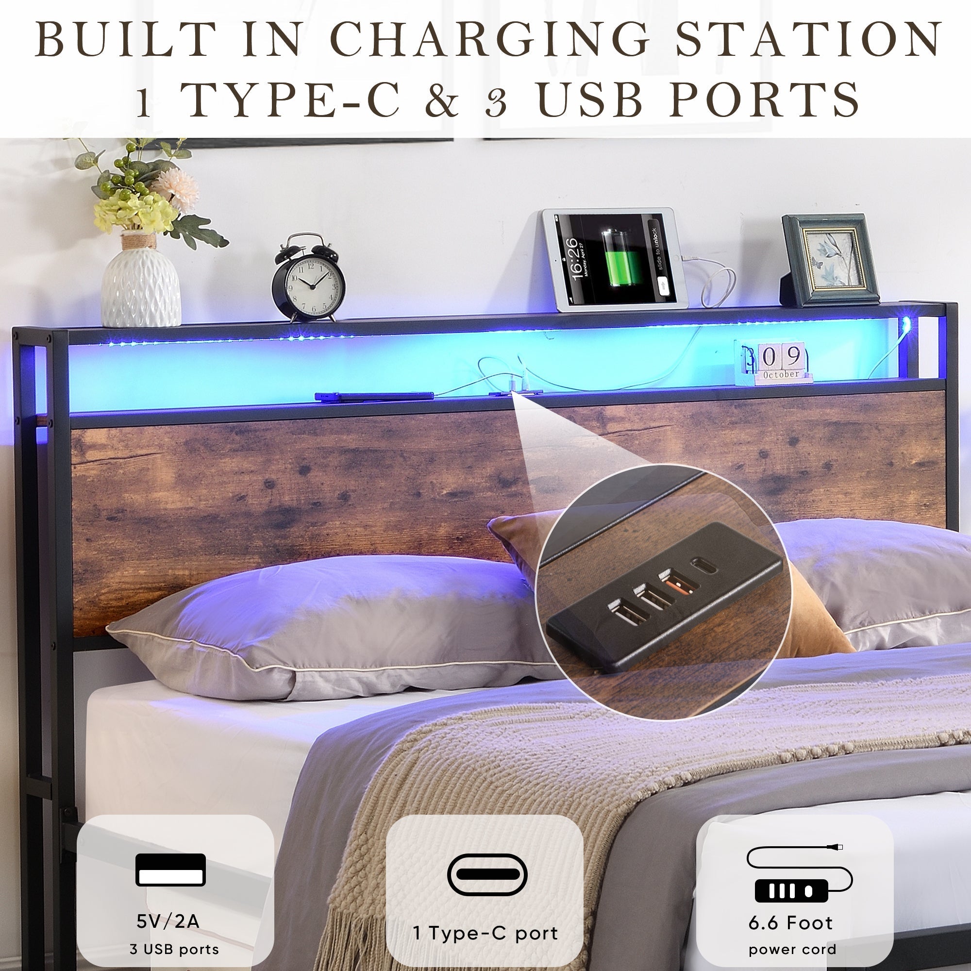 Full Size Bed Frame with Storage Headboard and 2 Drawers, LED Lights Bed (W1916126252) - Direct Wicker